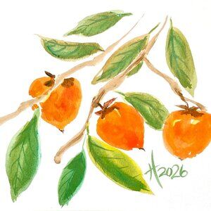 Asian Persimmons Art Original Watercolor 11x14in Matted Frame Ready Painting